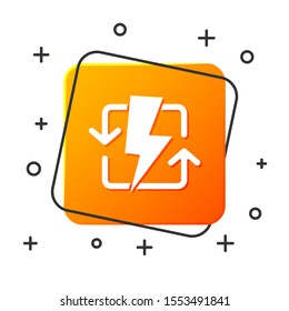 White Recharging icon isolated on white background. Electric energy sign. Orange square button. Vector Illustration