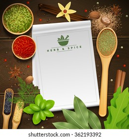 White recipe notepad on wooden background surrounded by various cooking herbs and spices realistic vector illustration