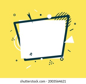 White rectangle and black frame in flat style. Memphis art banner with abstract geometric shapes. Outline sticker with place for promotion text, price tag, sale ad. Vector card on yellow background