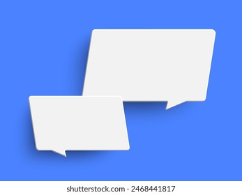 White rectangle blank speech bubble on blue background. Speak bubble text, chat box, message outline modern vector illustration design. Minimal social network chatting windows. Question, answer