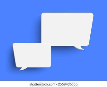 White rectangle blank speech bubble on blue background. Speak bubble text, chat box, message outline modern vector illustration design. Minimal social network chatting windows. Question, answer