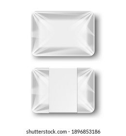 White Rectangle Blank Styrofoam Plastic Food Tray Container. With And Without Label. EPS10 Vector