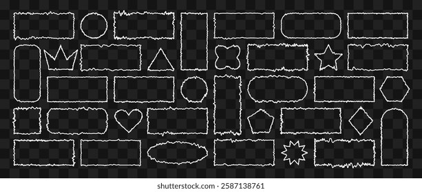 White rectangle form with jagged edges. Ripped and cutout paper torn strip. Set of Outline Grunge Frames. Vector illustration isolated on transparent background.