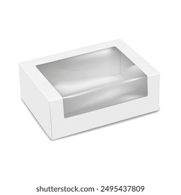 Caja de papel rectangular blanca con ventana de plástico transparente para mostrar el producto. maqueta 3d. Envase de comida de cartón vacío. Una maqueta de Vector realista. Plantilla de caja de confitería transparente