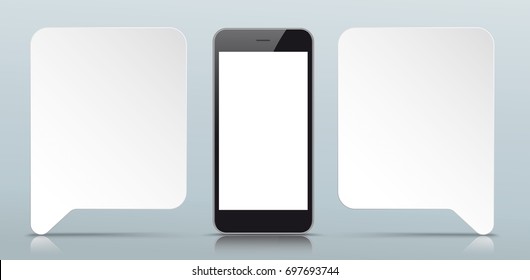 White rectangle paper speech bubbles with a smartphone on the gray background. Eps 10 vector file.