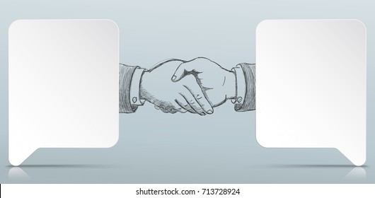 White rectangle paper speech bubbles with handshake hands on the gray background. Eps 10 vector file.