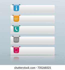 White rectangle paper tabs with 5 contact icons on the gray background. Eps 10 vector file.