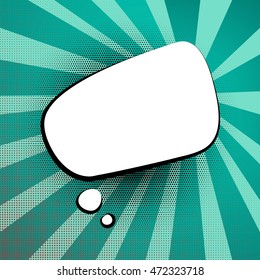 White rectangle rounded corners blank cloud dialog message style pop art bright blue background with rays. Shadow pattern dots. Retro template. Bright comic book background.