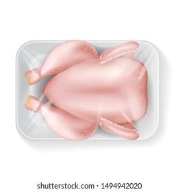 White Rectangle Styrofoam Plastic Food Tray Container with raw chicken. Vector Mock Up Template for your design