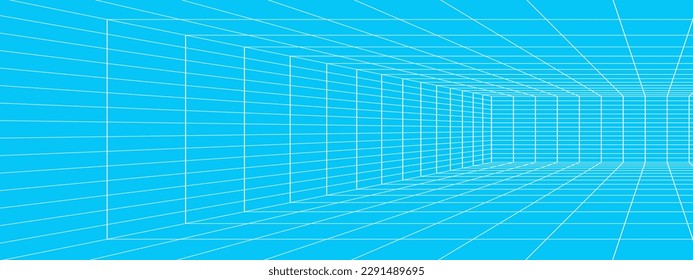 Marco de cables rectangular blanco en perspectiva sobre fondo azul. Estructura de la habitación, sala, estudio, portal o caja. Ingeniería, arquitectura o esquema isométrico técnico. Ilustración gráfica del vector