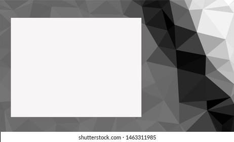 White rectangle to write stuff on surrounded by modern black white and gray gradient triangle background texture made out of triangles in vector art, to be used for sites/posters (Low Poly texture)