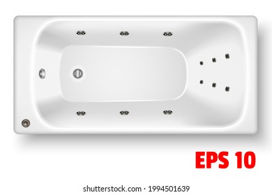 White rectangular acrylic bathtub top view. Caramic plumbing, bubble. In 3D realistic style. Isolated on a white background. Vector illustration.