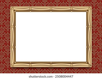 White rectangular blank template in a classic gold picture frame on a red background with vintage ornament. Vector illustration in 3d style