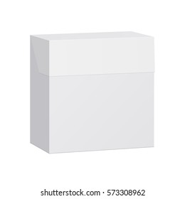 White Rectangular Box With Lid Isolated. Closed White Box. White Tea Box Mockup. Vector Illustration.