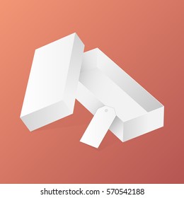 White rectangular box mockup with lid and white label on red background. Vector illustration