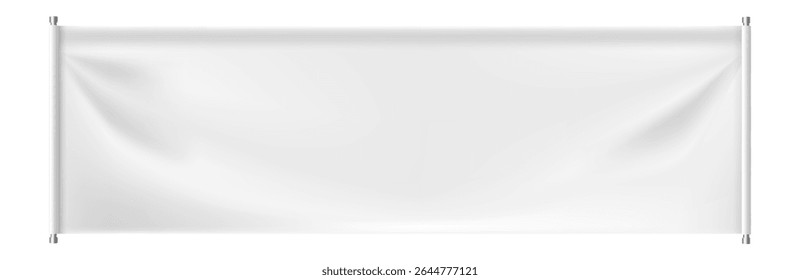 White rectangular canvas hanging on two metal poles with wrinkles and shadows, providing a realistic and customizable backdrop for showcasing designs or messages