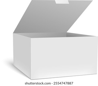 White rectangular cardboard box slightly opened, revealing its empty interior, perfect for showcasing product placement or branding designs