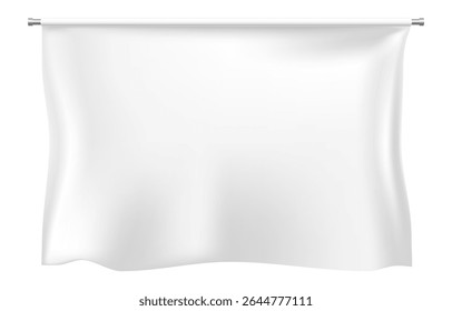 White rectangular flag waving gently on a horizontal metal pole, creating a perfect backdrop with ample copy space for text or design elements, ideal for various promotional needs