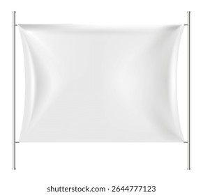 White rectangular flag waving gracefully between two vertical poles against a clean white background, providing an ideal canvas for custom graphic designs and branding elements