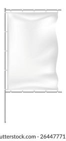 White rectangular flag waving gracefully on a sturdy metal pole with rings, offering a versatile template for custom designs and branding opportunities in various contexts