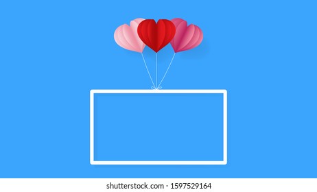 White rectangular frame hanged with colorful paper heart shape balloons isolated on blue background illustration vector 
