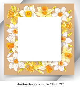 White rectangular frame on a background of pale yellow and white flowers of a daffodil. Design element for banners, cards, flyers.
