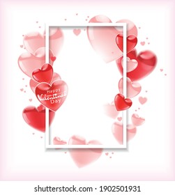White rectangular frame on a white background surrounded by pink glossy hearts. Congratulations on Valentines Day.