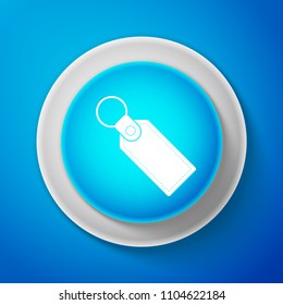 White Rectangular key chain with ring for key icon isolated on blue background. Circle blue button with white line. Vector Illustration