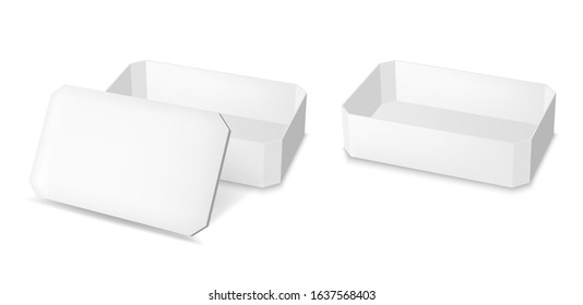 White rectangular package for snacks, food and chocolate. Open box