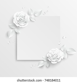 White rectangular photo frame with white cut out paper flowers. Roses cut from paper. Wedding decorations. Greeting card template, blank floral wall decor. Background 