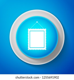 White Rectangular picture frame hanging on the wall icon isolated on blue background. Circle blue button with white line. Vector illustration