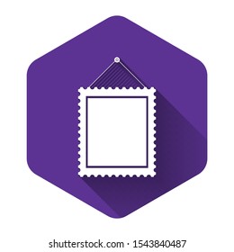 White Rectangular picture frame hanging on the wall icon isolated with long shadow. Purple hexagon button. Vector Illustration