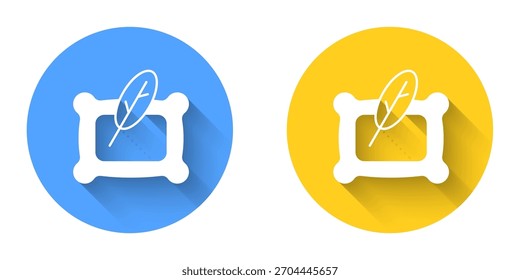 White Rectangular pillow icon isolated with long shadow background. Cushion sign. Orthopedic pillow. Circle button. Vector