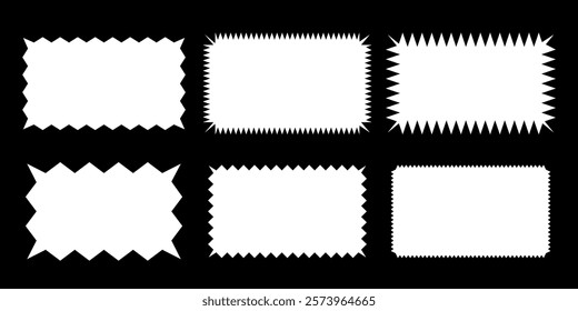 White rectangular shapes with jagged borders. Frames with zigzag, sharp, corrugated and curved edges. Vector illustration set isolated on black for stickers, tags, labels, stamps, badges.