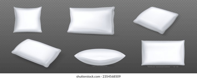 White rectangular and square pillows - mockup of soft inflated cushions in cotton or silk pillowcases for sleeping and relaxing in bedroom. Realistic vector set of comfort textile elements for bed.