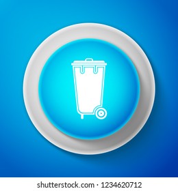 White Recycle bin with icon isolated on blue background. Trash can icon. Circle blue button with white line. Vector illustration