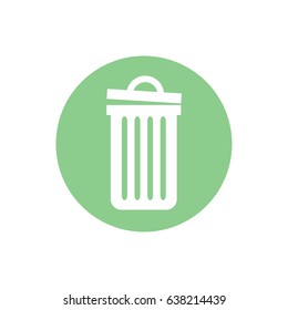 White recycle bin icon vector. Trash can icon. Green circle. Green button