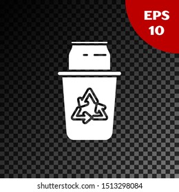 White Recycle bin with recycle symbol and can icon isolated on transparent dark background. Trash can icon. Garbage bin sign. Recycle basket sign.  Vector Illustration