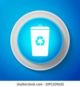 White Recycle bin with recycle symbol icon isolated on blue background. Trash can icon. Circle blue button with white line. Vector Illustration