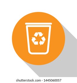 White Recycle bin with recycle symbol icon isolated on white background. Trash can icon. Garbage bin sign. Recycle basket sign. Orange circle button. Vector Illustration