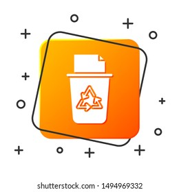 White Recycle bin with recycle symbol icon isolated on white background. Trash can icon. Garbage bin sign. Recycle basket sign. Orange square button. Vector Illustration