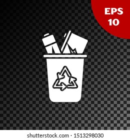 White Recycle bin with recycle symbol icon isolated on transparent dark background. Trash can icon. Garbage bin sign. Recycle basket sign.  Vector Illustration