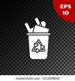 White Recycle bin with recycle symbol icon isolated on transparent dark background. Trash can icon. Garbage bin sign. Recycle basket sign.  Vector Illustration