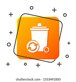 White Recycle bin with recycle symbol icon isolated on white background. Trash can icon. Garbage bin sign. Recycle basket sign. Orange square button. Vector Illustration