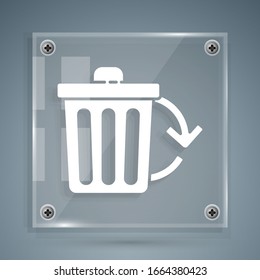 White Recycle bin with recycle symbol icon isolated on grey background. Trash can icon. Garbage bin sign. Recycle basket sign. Square glass panels. Vector Illustration