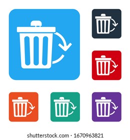 White Recycle bin with recycle symbol icon isolated on white background. Trash can icon. Garbage bin sign. Recycle basket sign. Set icons in color square buttons. Vector Illustration