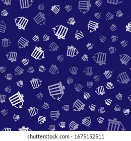 White Recycle bin with recycle symbol icon isolated seamless pattern on blue background. Trash can icon. Garbage bin sign. Recycle basket sign.  Vector Illustration
