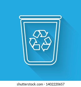 White Recycle bin with recycle symbol line icon isolated with long shadow. Trash can icon. Garbage bin sign. Recycle basket sign. Vector Illustration