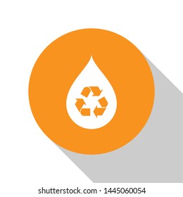 White Recycle clean aqua icon isolated on white background. Drop of water with sign recycling. Orange circle button. Vector Illustration