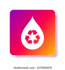 White Recycle clean aqua icon isolated on white background. Drop of water with sign recycling. Square color button. Vector Illustration